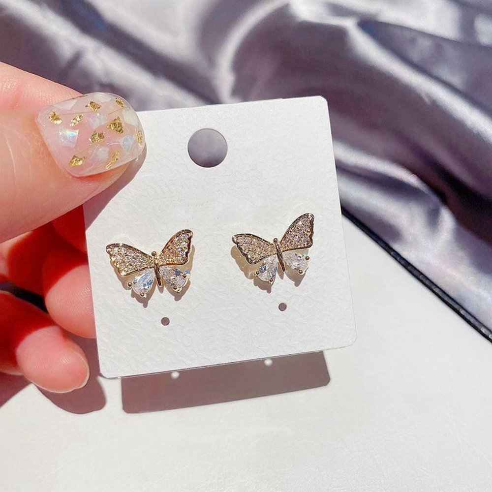 Butterfly Diamond Gold Stud Earrings - Picture 2 of 2